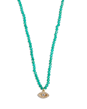 Cubic Zirconia Evil Eye Green Onyx Beaded Pendant Necklace in 18K Gold Plated Sterling Silver, 16-18