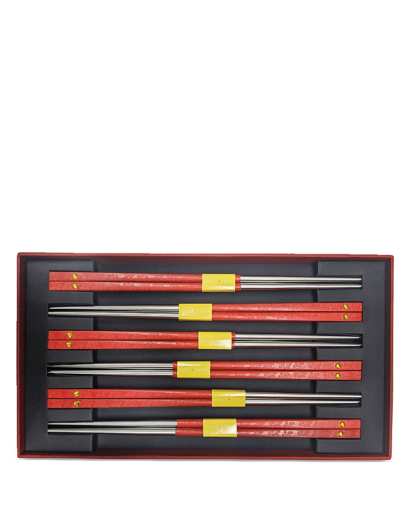 Liuli Blessed Chopsticks Pairs, Set Of 6 In Red/amber