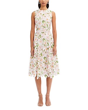 Shop Oscar De La Renta Botanical Print Lace Belted Dress In White Multi