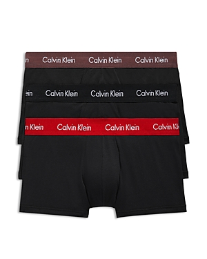 Calvin Klein Cotton Stretch Moisture Wicking Low Rise Trunks, Pack Of 3 In Black/black W/ Cocoa Brown/rouge Wbs