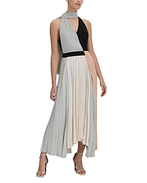 Reiss Pink/cream Pleated Asymmetric Midi Dress In Pink/cream