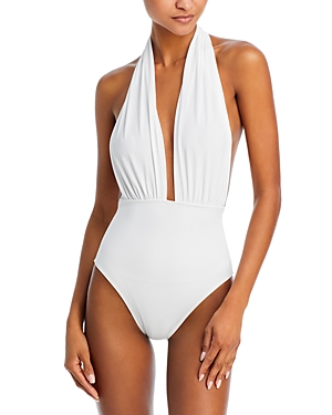 Shop Norma Kamali Low Back Halter One Piece Swimsuit In White