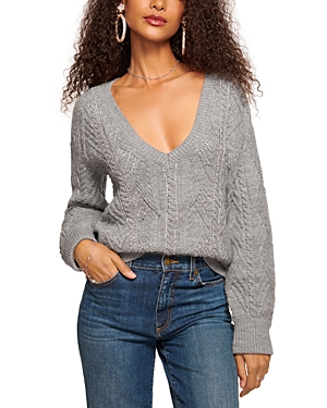 Shop Ramy Brook Trinity Wool V Neck Cable Knit Sweater In Grey Combo