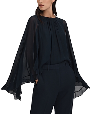 Reiss Francesca Ruffle Cape Sleeve Top In Navy