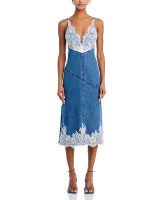 Lace Trim Denim Midi Dress