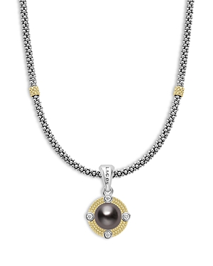 Shop Lagos 18k Yellow Gold & Sterling Silver Luna Black Tahitian Pearl & Diamond Pendant Necklace, 16 In Black/silver