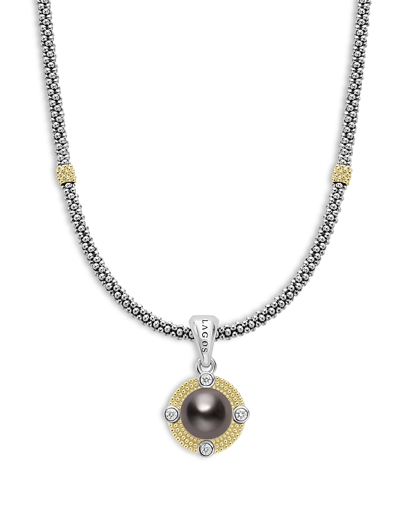 Lagos 18K Yellow Gold & Sterling Silver Luna Black Tahitian Pearl & Diamond Pendant Necklace, 16