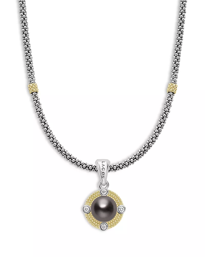 Lagos 18K Yellow Gold & Sterling Silver Luna Black Tahitian Pearl & Diamond Pendant Necklace, 16
