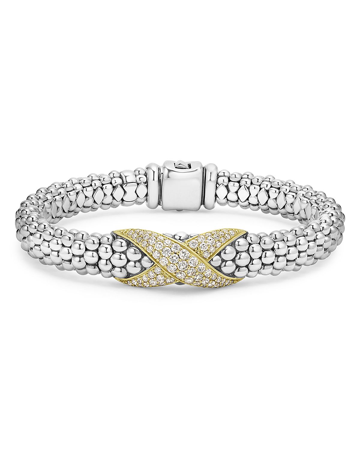 Lagos 18K Yellow Gold & Sterling Silver Embrace Diamond Pave X Caviar Bead Bracelet