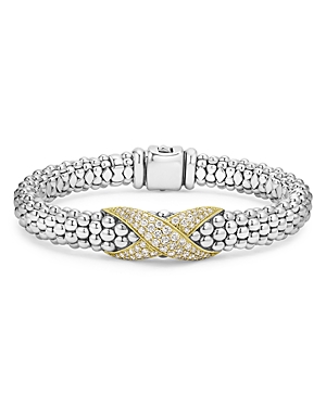 Lagos 18k Yellow Gold & Sterling Silver Embrace Diamond Pave X Caviar Bead Bracelet In Silver/gold