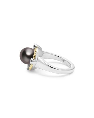 18K Yellow Gold & Sterling Silver Luna Black Tahitian Pearl & Diamond Halo Ring