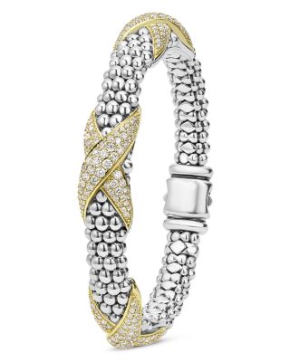 18K Yellow Gold & Sterling Silver Embrace Diamond Pav&eacute; X Station Caviar Bead Bracelet