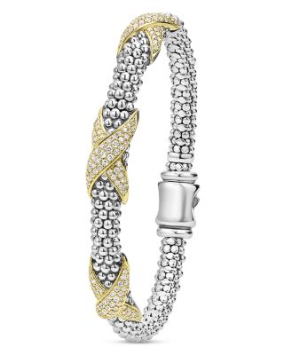 18K Yellow Gold & Sterling Silver Embrace Diamond Pav&eacute; X Station Caviar Bead Bracelet