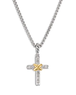 David Yurman - Petite Cross Necklace in Sterling Silver & 18K Yellow Gold with Diamonds, 17"