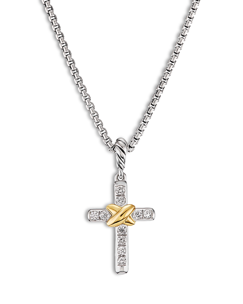 David Yurman Petite Cross Necklace in Sterling Silver & 18K Yellow Gold with Diamonds, 17