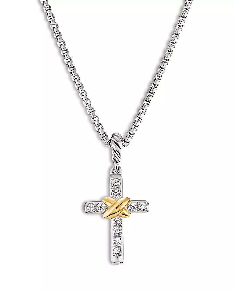 David Yurman Petite Cross Necklace in Sterling Silver & 18K Yellow Gold with Diamonds, 17