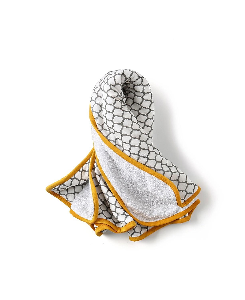 Malabar Baby Unisex Handmade Block-printed Plush Cotton Hooded Plush Towels - Baby, Little Kid, Big Kid In Erawan (grey Mustard Yellow)