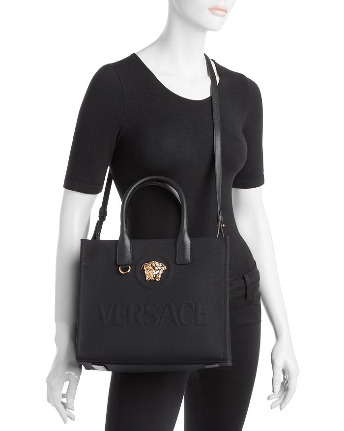 Versace La Medusa Canvas Tote In Black/ Gold