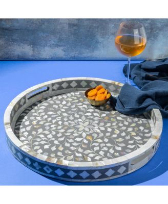 Jodhpur Mother of cultivated Pearl Decorative Tray - Black, 18&amp;#x22;
