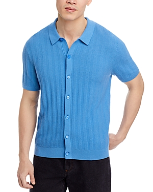Shop Michael Kors Short Sleeve Button Front Texture Stitch Shirt In Blueberry