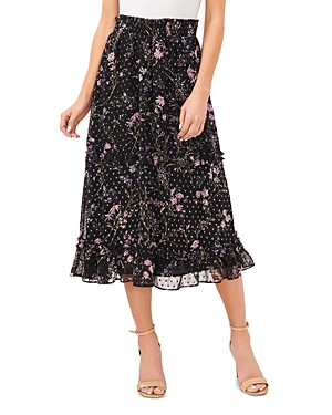 Shop Cece Floral Print Smocked Waist Midi Skirt In Rich Black