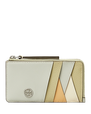 Tory Burch Robinson Color Block Leather Zip Card Case In Feather Gray/gold