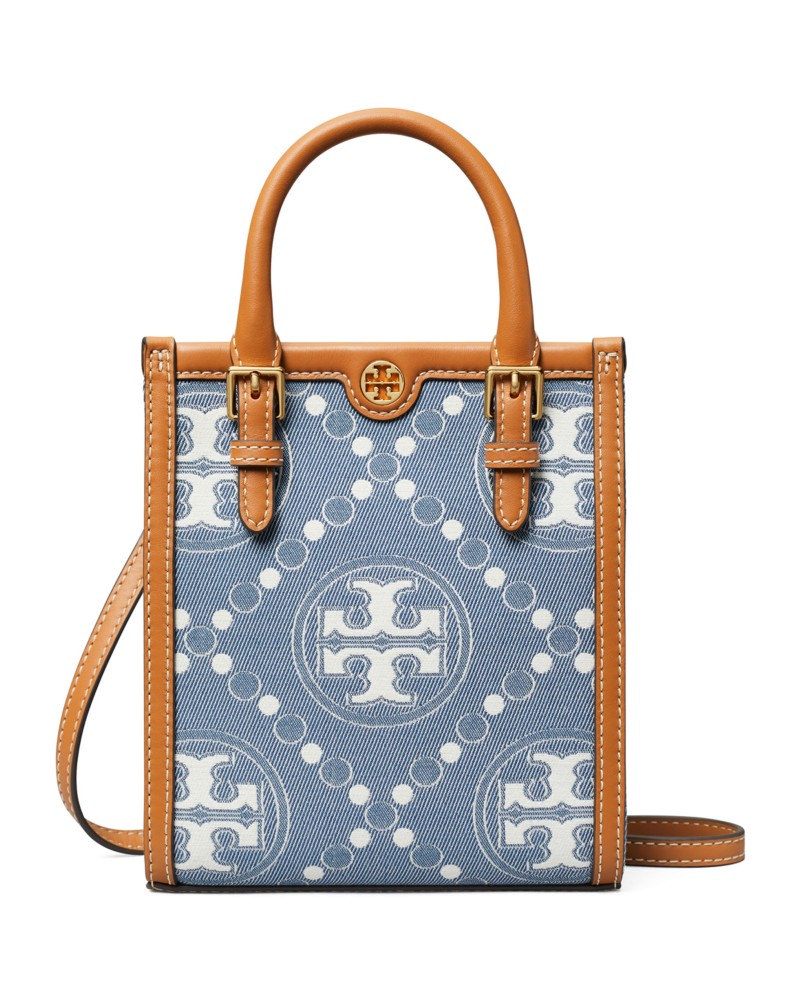 Tory Burch Mini T Monogram Denim Tote in Multi/Gold