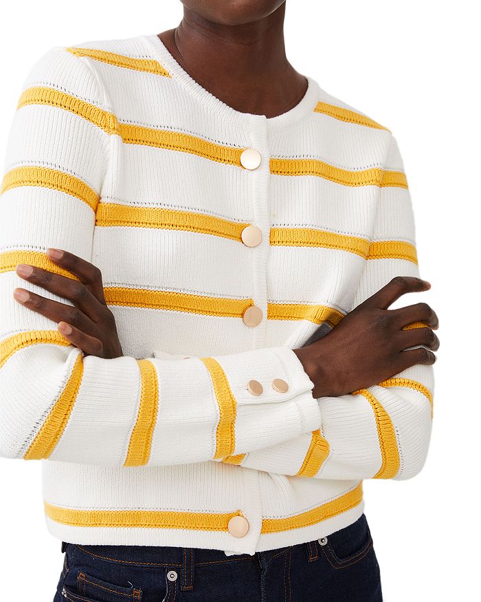 Shop French Connection Marloe Stripe Crewneck Cropped Cardigan In Summer White/banana