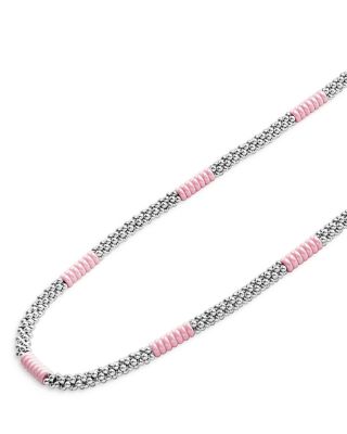 Sterling Silver Pink Caviar Pink Ceramic Bead Station Necklace, 18"