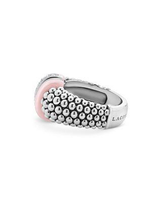 Sterling Silver Pink Caviar Diamond & Pink Ceramic Bead Statement Ring