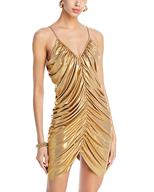 Shop Norma Kamali Ruched Lame Mini Dress In Gold
