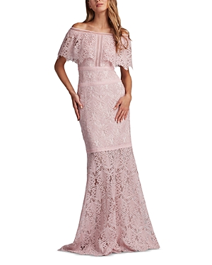 Shop Tadashi Shoji Off-the-shoulder Corded Lace Gown In Rose Quart