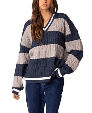 Shop Edikted Romie V Neck Cable Knit Sweater In Navy