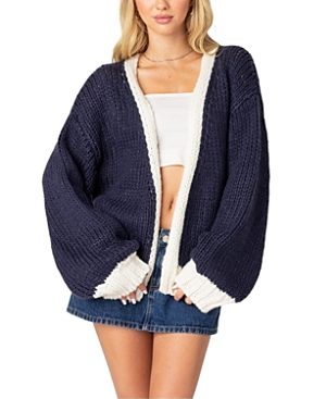 Shop Edikted Contrast Chunky Knit Cardigan In Navy
