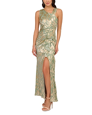 Adrianna Papell Foil Leaf Asymmetric Gown In Sage/gold
