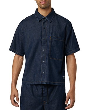 Shop Hudson Denim Short Sleeve Button Front Crop Shirt In Dark Chambray