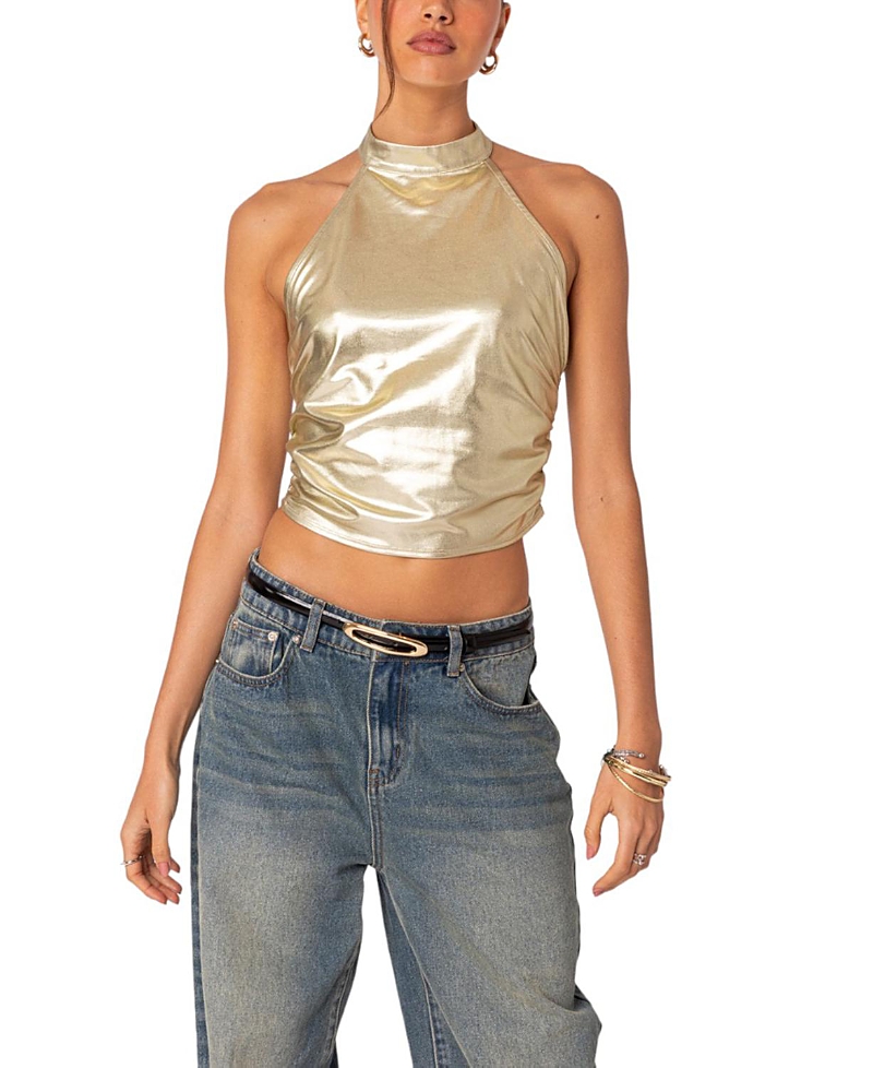 Shop Edikted Karter Metallic Halter Top In Gold