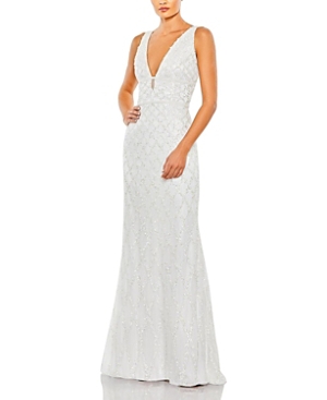Shop Mac Duggal Sequined Plunge Neck Sleeveless Column Gown In White