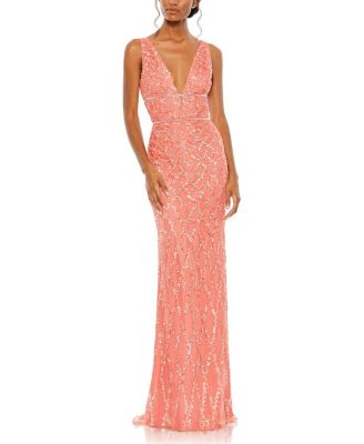 Mac Duggal Sequined Plunge Neck Sleeveless Column Gown In Coral