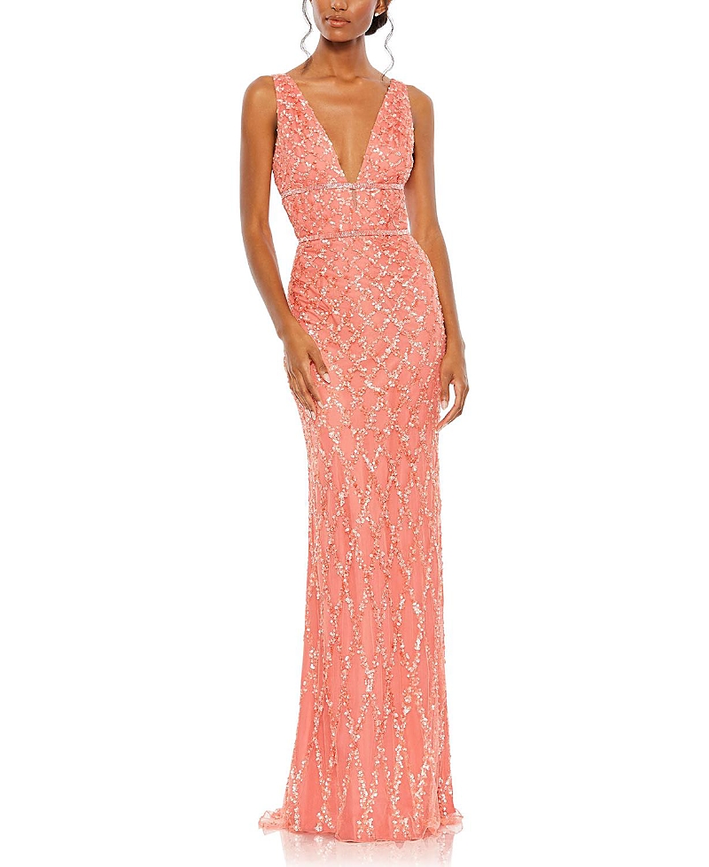 Mac Duggal Sequined Plunge Neck Sleeveless Column Gown In Coral