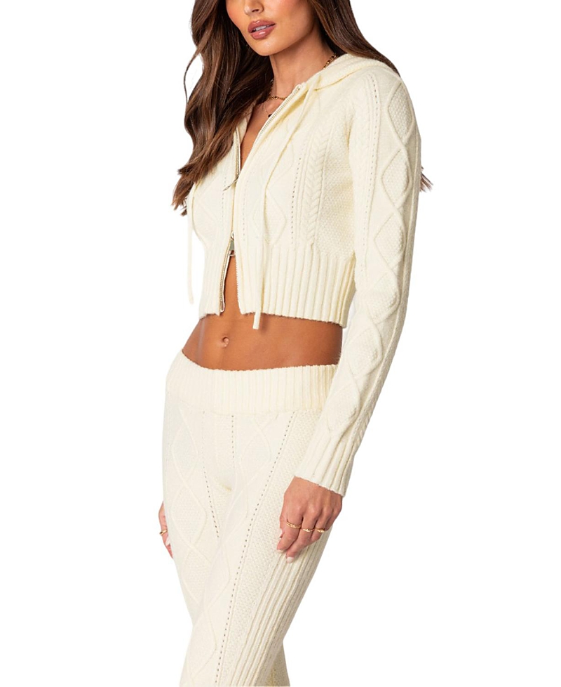 Edikted Ray Cable Stitch Hooded Crop Jacket In Cream