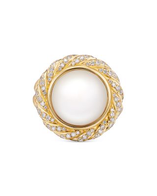 18K Yellow Gold Pearl South Sea White Pearl & Diamond Halo Ring