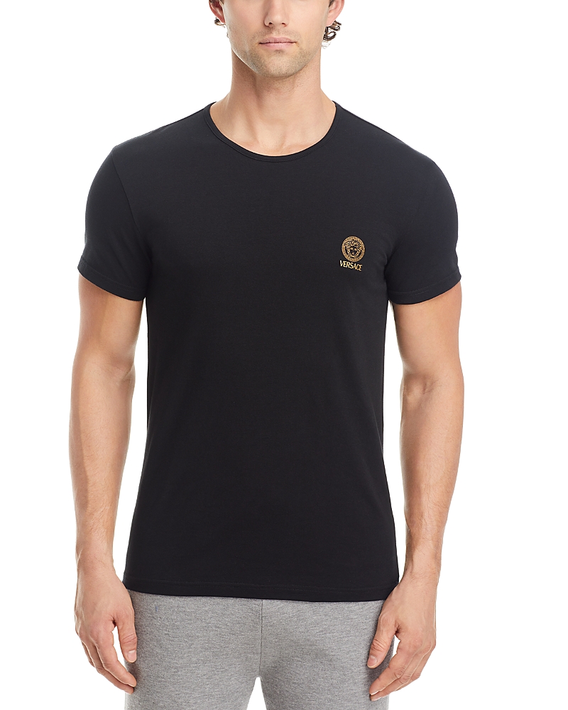 Versace Black Crewneck T-shirt With Medusa Logo Print In Stretch Cotton Man