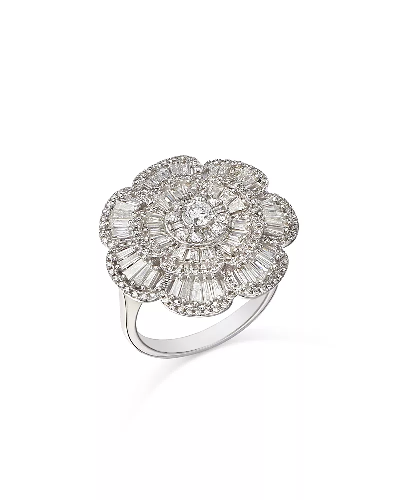 Bloomingdale's Fine Collection Diamond Round & Baguette Flower Ring in 14K White Gold, 1.50 tcw
