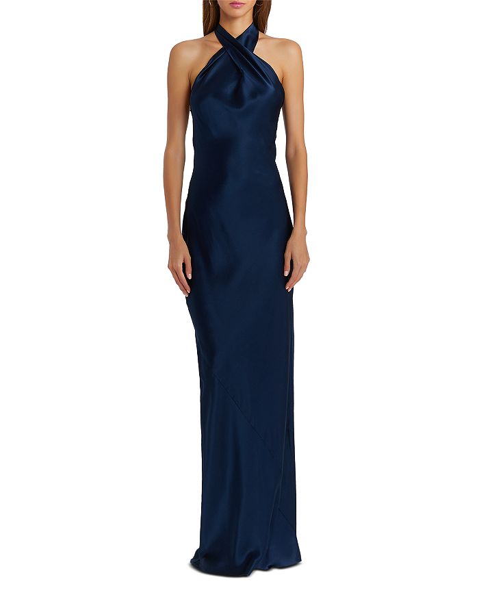 Amanda Uprichard Jade Silk Crossover Halter Maxi Dress | Bloomingdale's