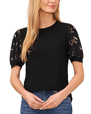 Shop Cece Mixed Media Puff Sleeve Top In Rich Black