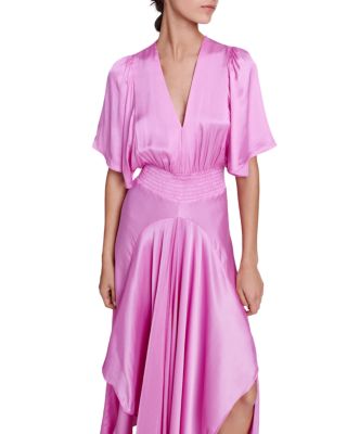 maje pink satin dress with ruffles Satin dress with ruffles