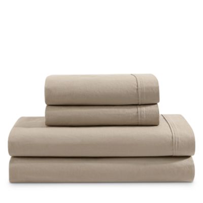 Calvin Klein Solid Washed Percale Cotton 4 Piece Sheet Set, Queen