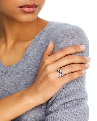 Blue Sapphire & Diamond Bow Ring in 14K White Gold