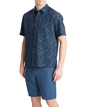 Shop Vince Knotted Leaves Regular Fit Short Sleeve Button Down Shirt In Dark Washed Indigo